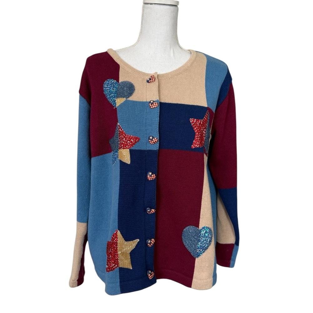 Storybook Knits Americana Patchwork Cardigan Sweater - Large